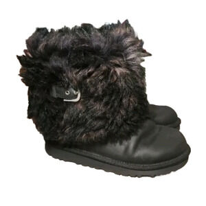 UGG Australia Big Girls Black Leather Ellee Fur Trim Boot 3